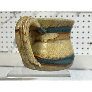Handmade Studio Pottery Mug Blue Brown Tan Drip Glaze Hand Thrown Stoneware